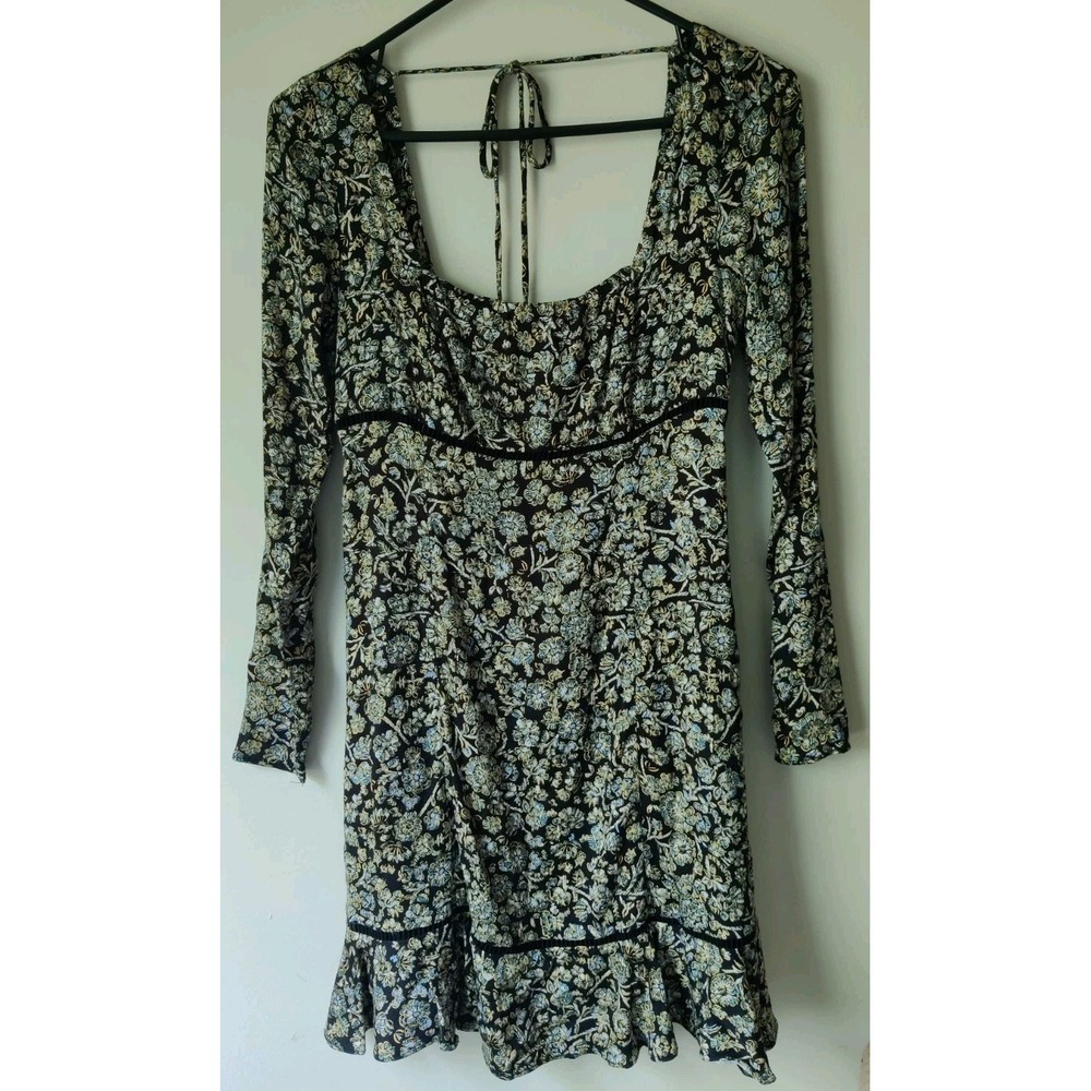 Free People Boheme Mini Dress Women's 2 Black Floral Print Long Sleeves Tie Back